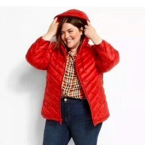 Lane Bryant Women's Nylon Packable Zip Up Puffer Jacket Red- 10/12